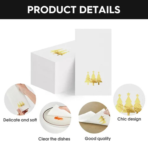 Miniatura 6 de Horaldaily 100 servilletas decorativas desechables de papel de Navidad para invitados, toalla de mano con árboles de Navidad en lámina dorada