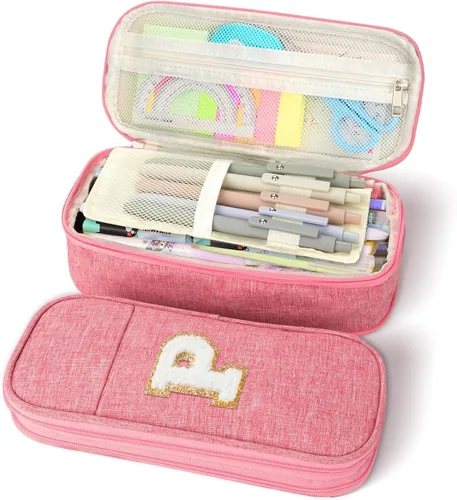 Miniatura 17 de Estuche de lápices de gran capacidad color rosa, lindo estuche de lápices con cremallera para niñas y mujeres, bolsa de lápices expandible