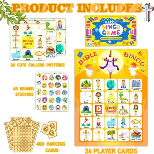 Miniatura 2 de HomSeon Tarjetas de bingo bíblicas para 24 jugadores, juego de bingo cristiano para niños con calcomanías de Punny Jesús, juego cristiano religioso