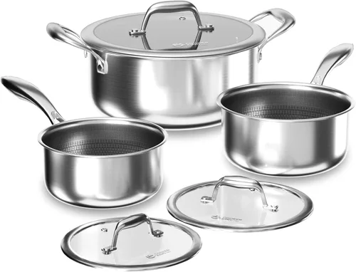 COOKER KING Juego de 6 ollas antiadherentes híbridas de 1.5 y 2 cuartos de galón y ollas de 5 cuartos con tapas de vidrio, utensilios de cocina de