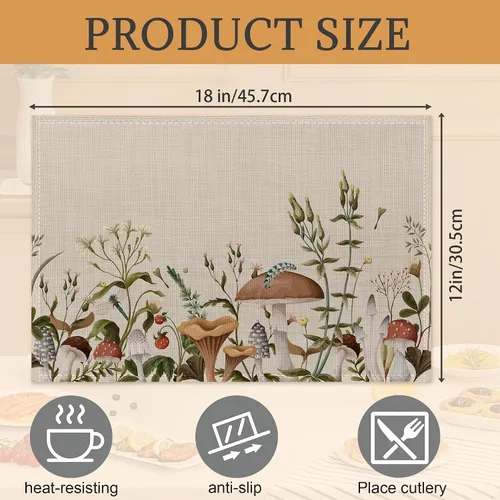 Miniatura 2 de Juego de 6 manteles individuales de plantas de hongos, lavables, resistentes al calor, de 12 x 18 pulgadas, manteles individuales de lino