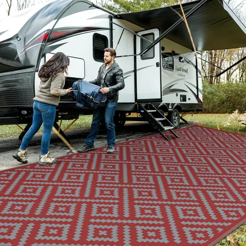 Miniatura 44 de GENIMO Alfombra de exterior impermeable de 5 x 8 pies, alfombras reversibles, alfombra de área, alfombra de plástico para exteriores, alfombra Negro
