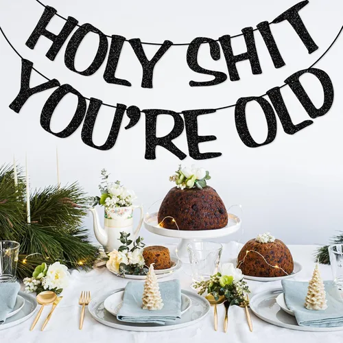 Miniatura 6 de Cartel de Holy You're Old con purpurina negra para 30, 40, 50, 60, 70, 80, 90, divertido cartel de cumpleaños, banderines, decoración de fiesta