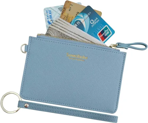 Miniatura 13 de Estuche Delgado para Tarjetas RFID para Mujer con Correa de Muñeca, Cartera con Cremallera para ID, Cartera de Cuero Pequeña, Monedero con Llavero