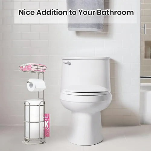 Miniatura 4 de Mega Roll - Soporte de papel higiénico de acero inoxidable para baño, dispensador TP con estante para teléfono/toallitas y revistero de pie, cromado