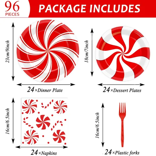 Miniatura 2 de Juego de 96 platos de papel de caramelo de menta de Navidad, suministros de fiesta, suministros de fiesta de caramelo y menta para vacaciones