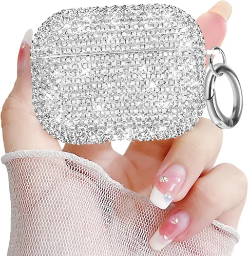 Miniatura 8 de Newseego Funda para AirPods de 1 y 2 generación, funda de lujo con diamantes de imitación brillantes con llavero para mujeres y niñas, anti-pérdida