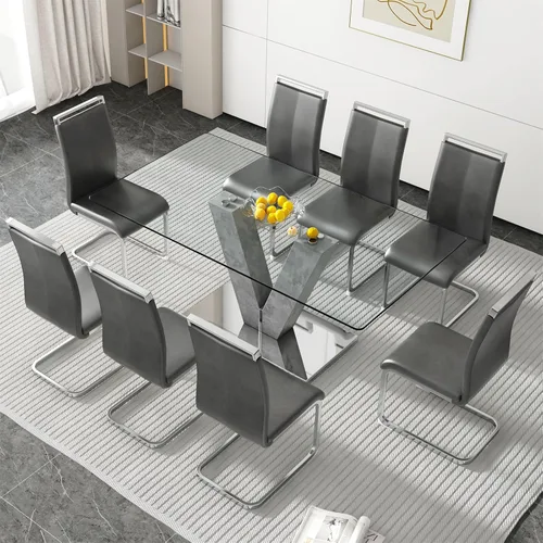Miniatura 31 de Juego de mesa de comedor de vidrio de 71 pulgadas para 6, juego de mesa de comedor para 6, mesa de cocina moderna y 6 sillas de PU, parte superior 6