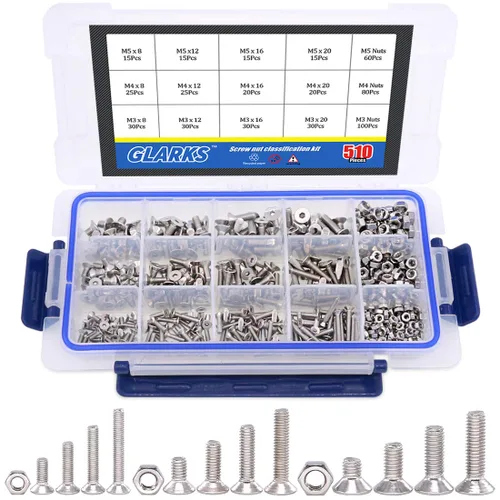 Miniatura 8 de Glarks 510 piezas M3 M4 M5 Juego surtido de tornillos de cabeza avellanada con agujero hexagonal para llave Allen y tuercas de acero de aleación