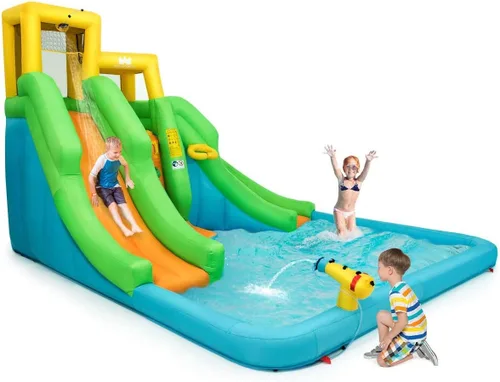Miniatura 8 de OLAKIDS Tobogán acuático inflable, casa de rebote 6 en 1 con 2 toboganes, pared de escalada, piscina de salpicaduras, borde de baloncesto, pistola