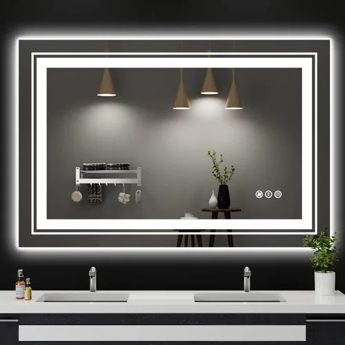 Miniatura 50 de Snowdool Espejo LED de baño, 32 x 32 pulgadas con luz frontal y retroiluminada, antivaho, espejo de tocador de baño para pared, función de memoria