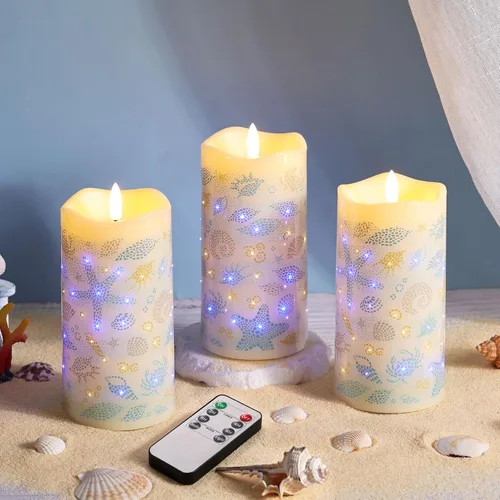 Miniatura 11 de Eywamage Velas de pilar de fibra óptica sin llama con control remoto, juego de 3, velas LED de resorte floral de mariposa, funciona