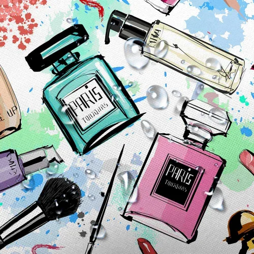 Miniatura 7 de JAWO Cortinas de ducha cosméticas para mujer y niña, elegante perfume de acuarela y lápiz labial, juego de cortinas de baño de tela con ganchos, Azul