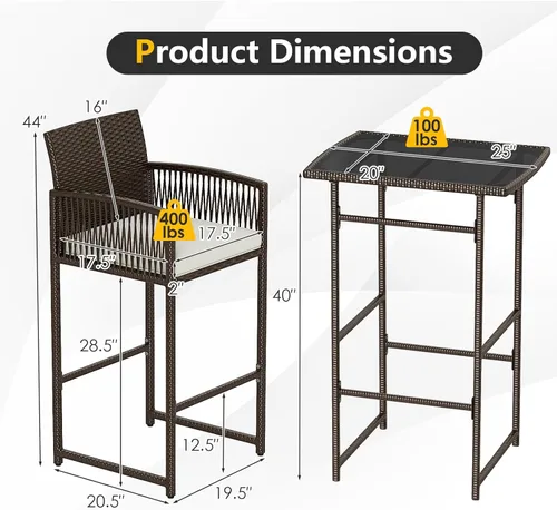 Miniatura 9 de Tangkula Juego de barra de patio de 3 piezas, mesa de metal de altura de barra de mimbre para exteriores de servicio pesado y sillones con cojines