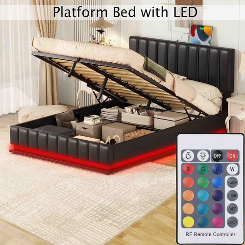 Miniatura 2 de Marco de cama de almacenamiento elevado con luz LED, enchufes, puertos USB, moderna plataforma tapizada completa con sistema de almacenamiento