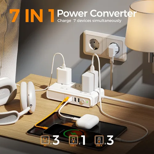 Miniatura 3 de TESSAN Convertidor de voltaje de 220V a 110V para viajes con 4 puertos USB (1 USB C), 3 tomas de corriente AC y adaptador de corriente internacional