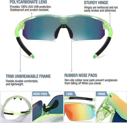 Miniatura 32 de DUCO DK261 - Gafas de sol deportivas de béisbol para jóvenes, con marco TR90 irrompibles, ligeras, para niños y niñas