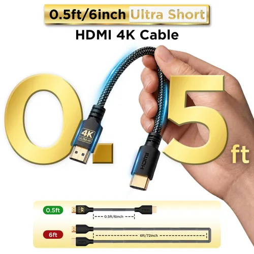 Miniatura 2 de PowerBear Cable HDMI 4K de 0.5 pies Cable HDMI corto, conectores dorados y de nailon trenzado, 4K @ 60Hz, Ultra HD, 2K, 1080P, ARC y CL3