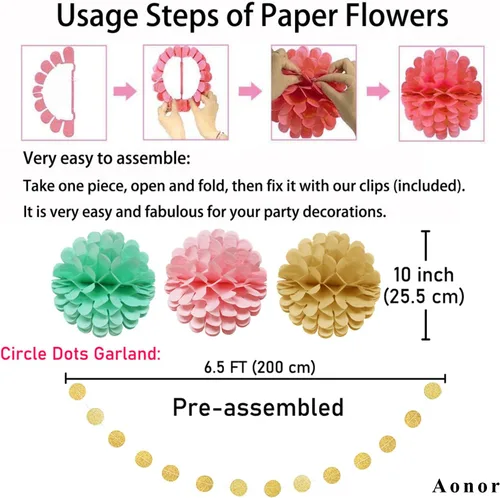 Miniatura 6 de Decoraciones de feliz cumpleaños rosa y dorado – Cartel dorado de feliz cumpleaños, flores con pompones, guirnalda de puntos circulares brillantes