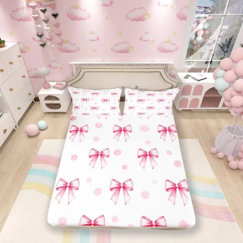 Miniatura 47 de Sábana bajera con lazo azul tamaño individual, juego de ropa de cama de princesa con cerezas, estrellas y flores margaritas de dibujos animados