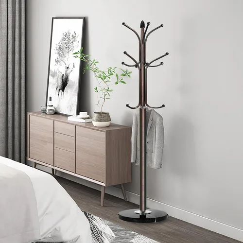 Miniatura 4 de Kertnic Perchero de metal con base de mármol natural, árbol de pasillo independiente con 12 ganchos para colgar bufanda, bolso, chamarra, Bronce