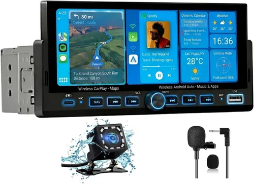 Estéreo Universal Single Din para Automóvil con CarPlay Inalámbrico y Android Auto, Unidad Principal de Pantalla Táctil IPS de 6.86" con Cámara de