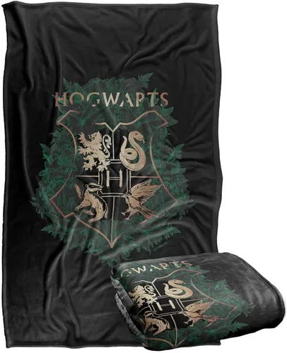 Harry Potter Hogwarts - Manta con diseño floral verde y dorado con diseño de cresta sedosa al tacto, súper suave, 36 x 58 pulgadas, diseño floral