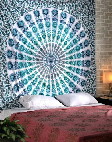 Miniatura 21 de RAJRANG Tapiz de Mandala de Pavo Real Hippie para Colgar en la Pared 90 x 84 pulgadas Tapices Decorativos Trippy Bohemios Indios Hechos a Mano