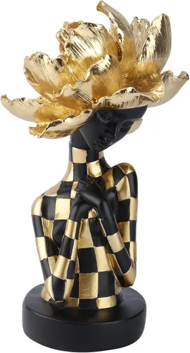 Lescafita Escultura de mujer africana con tocado de flor dorada, figura de resina negra y dorada para decoración del hogar, elegante estatua de dama