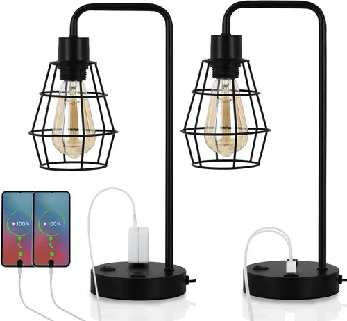 Miniatura 7 de BTY Juego de 2 lámparas de mesa USB Edison con puertos de carga USB duales y 2 clavijas de salida de CA, jaula de alambre de metal, lámpara de mesa