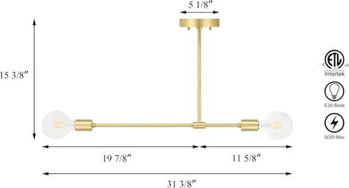 Miniatura 4 de XiNBEi Lighting Lámpara de techo semiempotrada de latón moderna Sputnik de 2 luces, lámpara de techo industrial para dormitorio, comedor, pasillo
