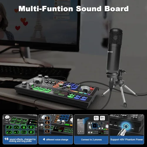 Miniatura 4 de Paquete de equipos de podcast para 2, interfaz de audio, modificador de voz con micrófono de condensador de 3.5mm, BT inalámbrico dual, fuente