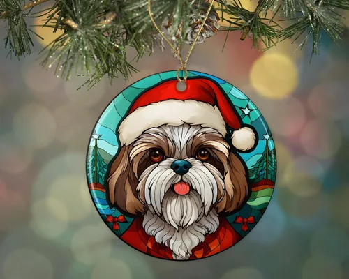 Shih Tzu - Adorno de cerámica de vitrales de Navidad, adorno colgante para árbol de Navidad, adorno de vitral de perro, adorno religioso para