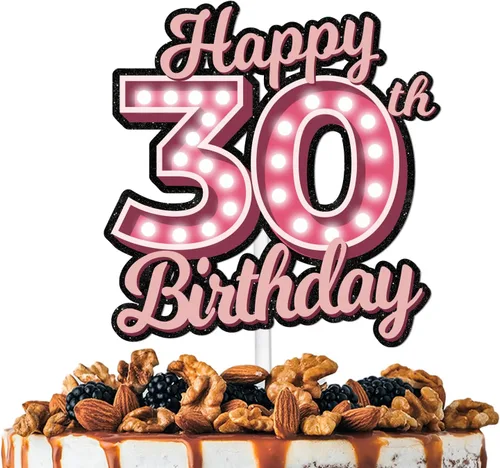 Decoración para pastel de cumpleaños 30 con purpurina rosa Let's Glow Crazy Party Theme Decor Supplies Men Women Happy Birthday 30 Anniversary Party