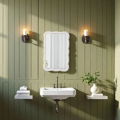 Miniatura 4 de Espejo de pared rectangular festoneado de 16 x 24 pulgadas, espejo de baño rústico de madera envejecida, espejo ondulado vintage sobre el tocador