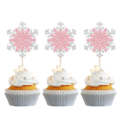 Miniatura 15 de Gyufise Paquete de 24 adornos de copos de nieve Oh Baby para cupcakes con purpurina azul Frozen Oh Baby Pick Decoraciones para baby shower