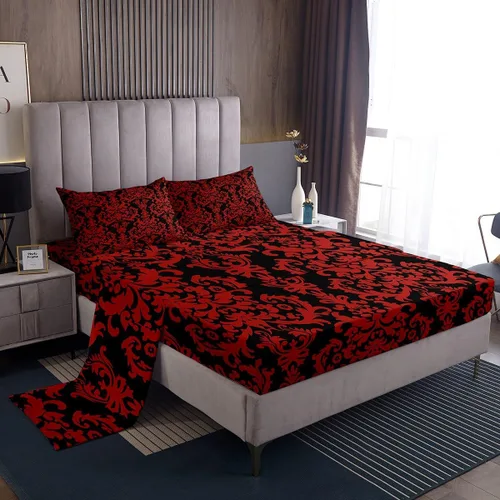 Erosebridal Juego de sábanas de damasco con diseño floral, tamaño individual, gótico, rojo y negro, juego de sábanas de flores barrocas victorianas