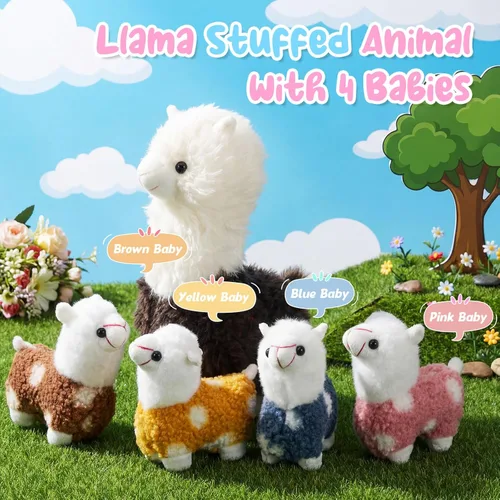 Miniatura 4 de Civaner Animal de peluche de llama con 4 peluches de llama bebé, lindo juego de peluche de alpaca suave Kawaii para niños y niñas, graduación, Marrón