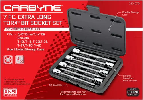 Miniatura 3 de CARBYNE Juego de llaves Torx extra largas de 7 piezas, T10 a T40, 3/8 pulgadas, brocas de acero S2, enchufes CrV, fosfato de zinc, 6.1 pulgadas