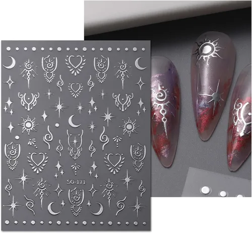 Miniatura 6 de Calcomanías de uñas de estrella de luna, calcomanías de arte autoadhesivas 3D, calcomanías de diseño de estrellas y sol, suministros de oro láser
