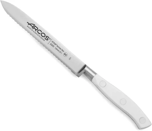 Arcos Cuchillo forjado dentado de acero inoxidable de nitrum de 5 pulgadas y hoja de 5.118 in. Mango ergonómico POM de polioximetileno. Serie Blanco