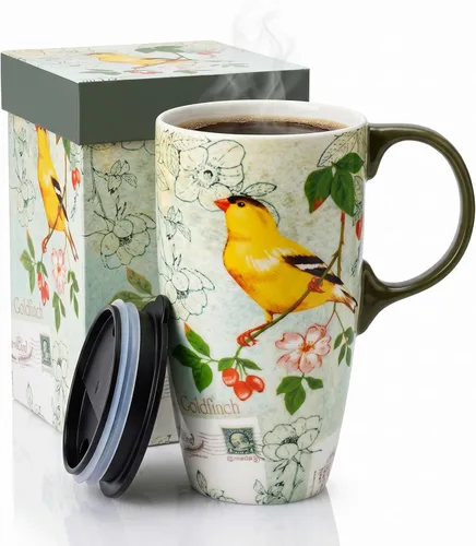 Miniatura 10 de Taza de viaje de cerámica de hortensia de jilguero de 17 onzas con tapa, taza de café floral de pájaro verde azulado con caja de regalo, taza de té