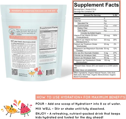 Miniatura 3 de Hydration+ - Mezcla de bebida de electrolitos para niños, cero azúcar, apoyo inmunológico y óseo con vitamina D, zinc y K2, cuchara de polvo