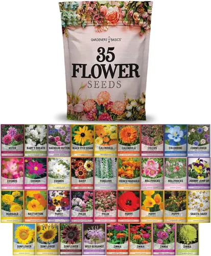 Gardeners Basics, paquetes de semillas de flores para plantar 35 variedades individuales perennes, anuales, semillas de flores silvestres para