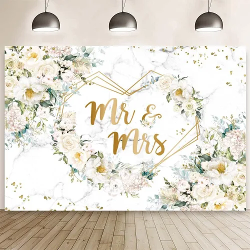 AIBIIN Telón de fondo de 7x5 pies Mr y Mrs con flores blancas y puntos dorados de glitter para despedida de soltera, fondo para fotografía con Blanco