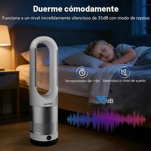Miniatura 5 de Ventilador de torre sin aspas de 22 pulgadas, oscilación de 80°, temporizador de 9 horas, 10 velocidades, control táctil remoto, fácil de limpiar