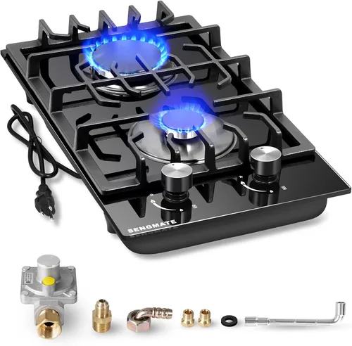 Placa de cocina de gas de 12 pulgadas, estufa de gas de 2 quemadores, instalación integrada o de encimera, vidrio templado negro, convertible a