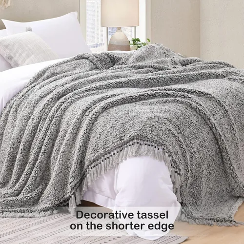 Miniatura 2 de Manta Sherpa de forro polar ultrasuave, tamaño Queen, manta de cama bohemia ligera y acogedora con borla decorativa, patrón reversible, 2 tonos