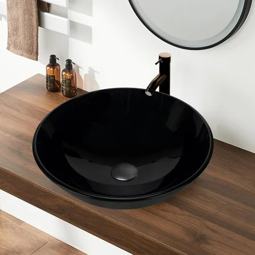 YIMAI Lavabo de Vidrio Negro 16.5" x 16.5" x 5.5" – Vidrio Templado Sobre Encimera Lavabo Redondo para Baño Tazón de Encimera Lavabos Modernos con