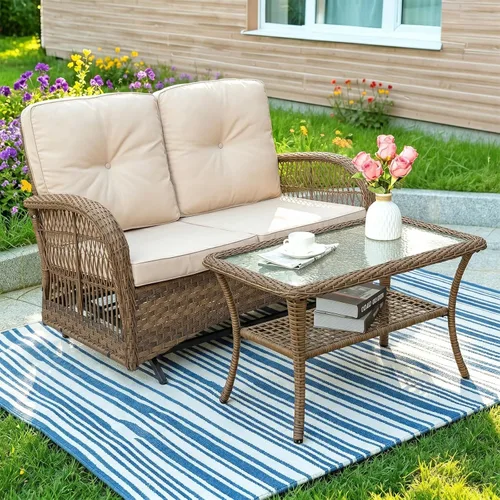 Miniatura 8 de MEETWARM Juego de 3 piezas de mimbre giratorio para patio al aire libre, mecedoras, juegos de muebles de patio de ratán con cojín grueso y mesa